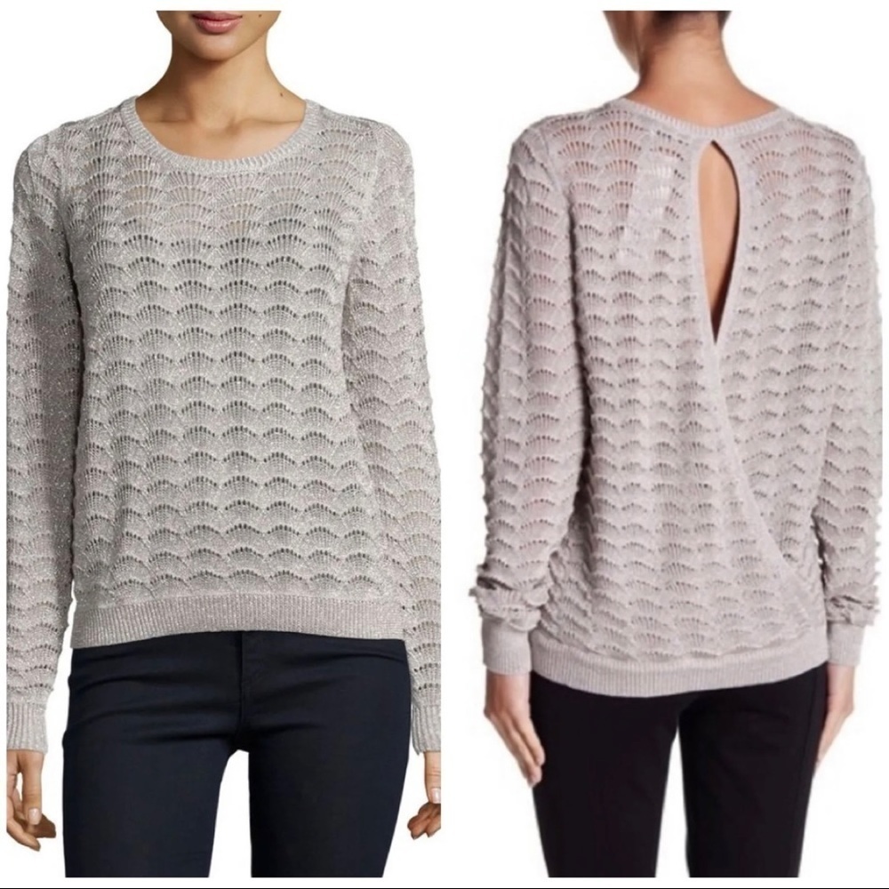 $298 Parker Sz XS Womens Silver Metallic Fan Knit Pointelle Split Back Sweater